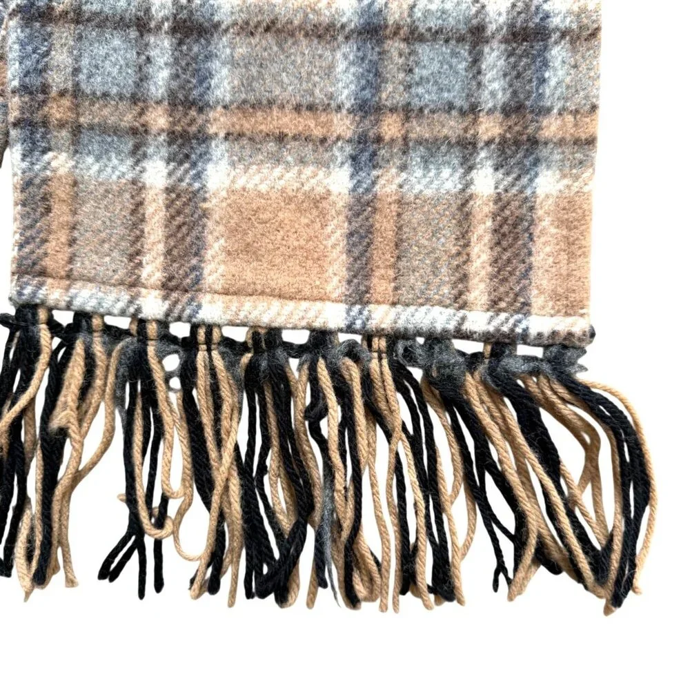 Unisex Adult Wrap Scarf Wool Beige Grey Tartan Plaid Check Fringe Fall Winter